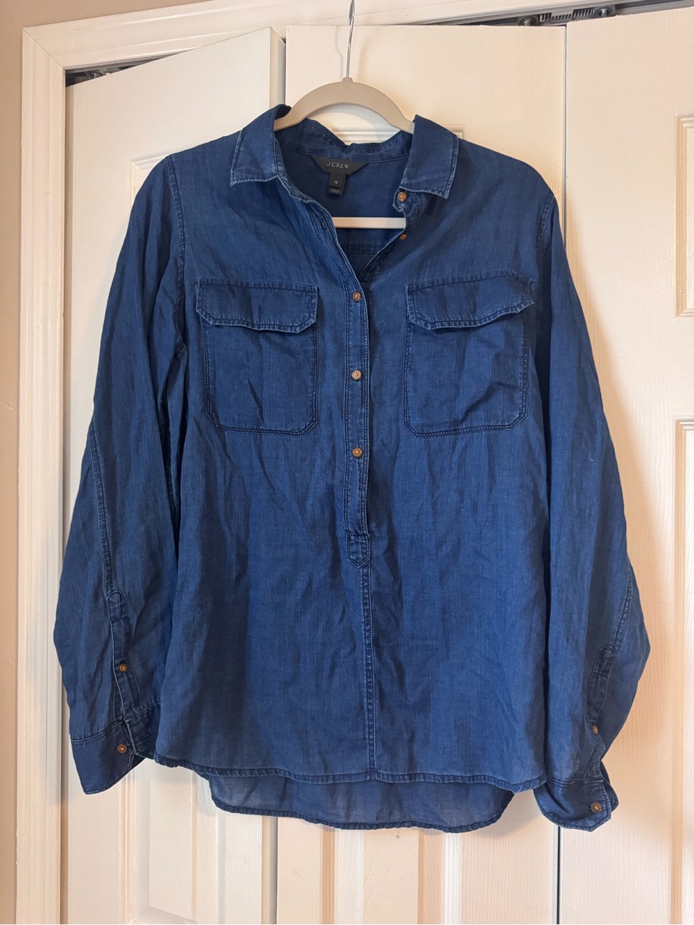 J.Crew Blue Indigo Cotton Gauze Popover Chambray Denim Style Shirt Womens 12
